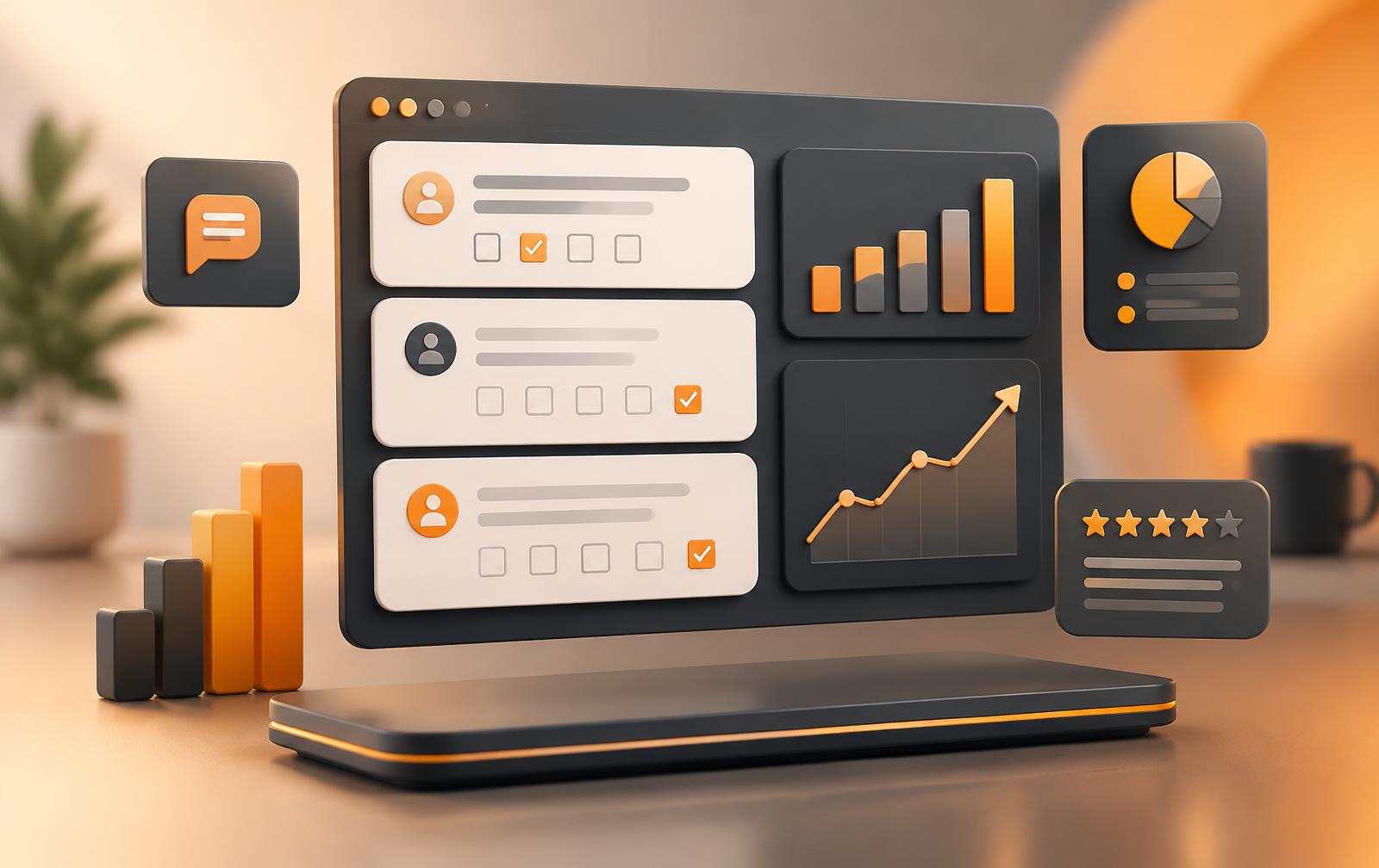 Survey dashboard with question cards, charts and insights